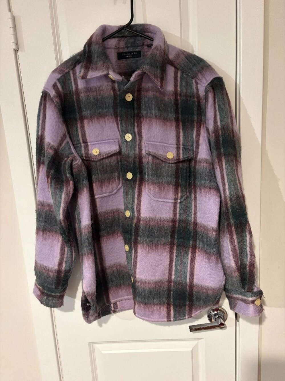 All Saints Lavender and Olive Plaid Flannel Jacket Size M